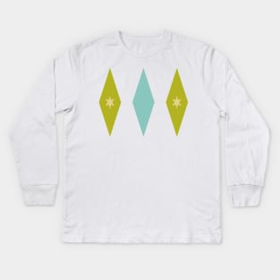 Retro Aqua Blue Avocado Green and Yellow Stars In Diamonds Kids Long Sleeve T-Shirt